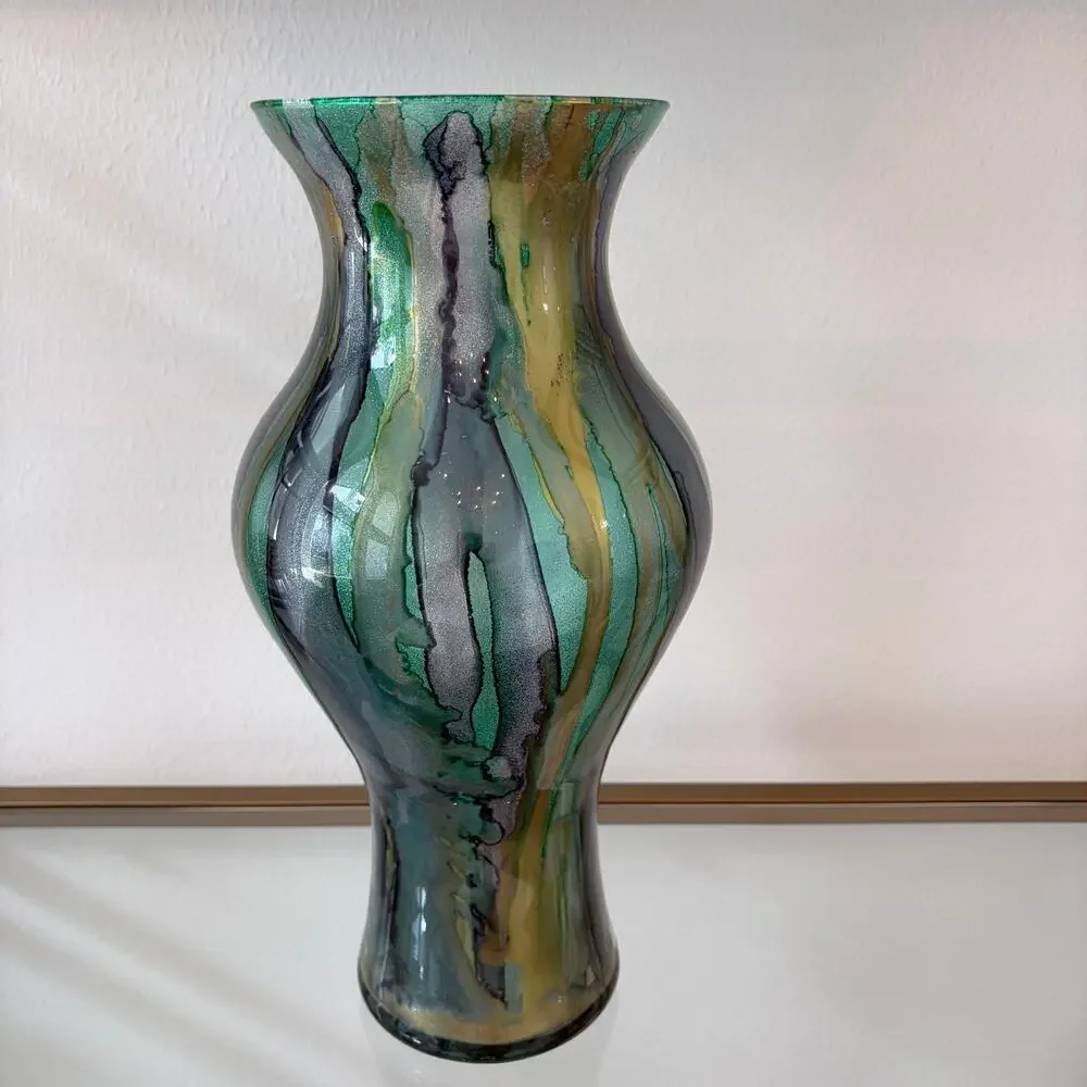 Italian Murano Art Glass Vase 14.5in Green Blue Gold Glitter Swirl Hand Blown